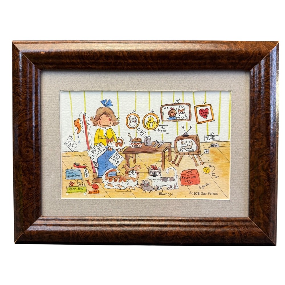 Vintage 1978 Gay Felton Hawkeye Whimsical Cat Art Print Framed‎ 7.5x9.5 Brown